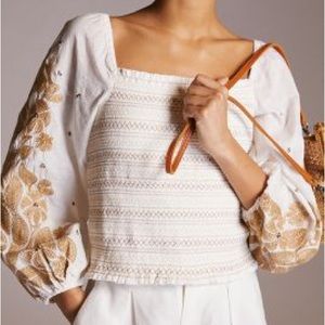 Anthropologie floral embroidered smocked top- Ivory